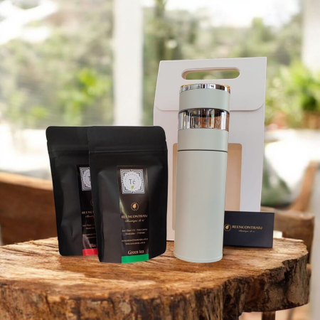 Set con Termo inteligente de acero con visor y 2 blends de té,